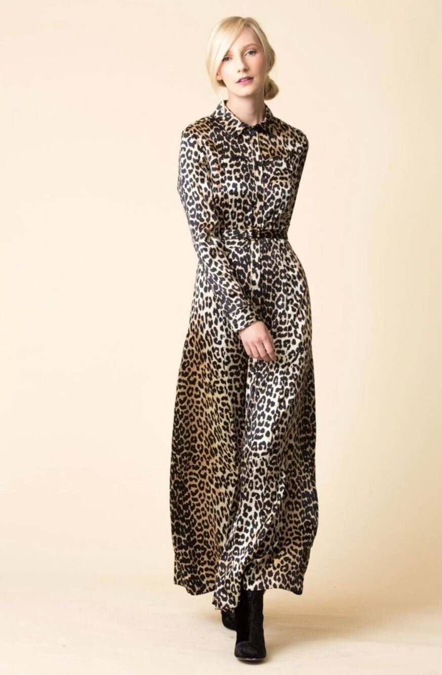 Ganni Leopard Print Silk Blend Long Sleeve Maxi Shirt Dress